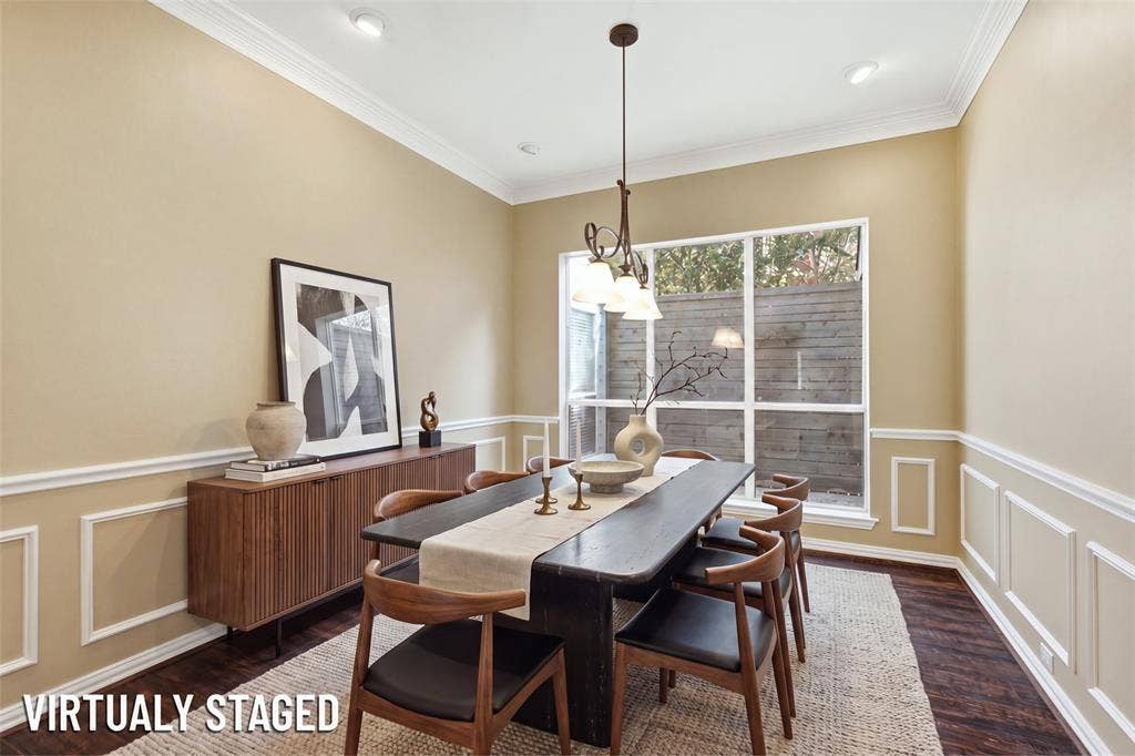 14616 Vintage Lane, Addison, TX 75001 (Virtually Staged) Formal dining in full wainscoting and crown, with a wrought-iron chandelier and garden window
