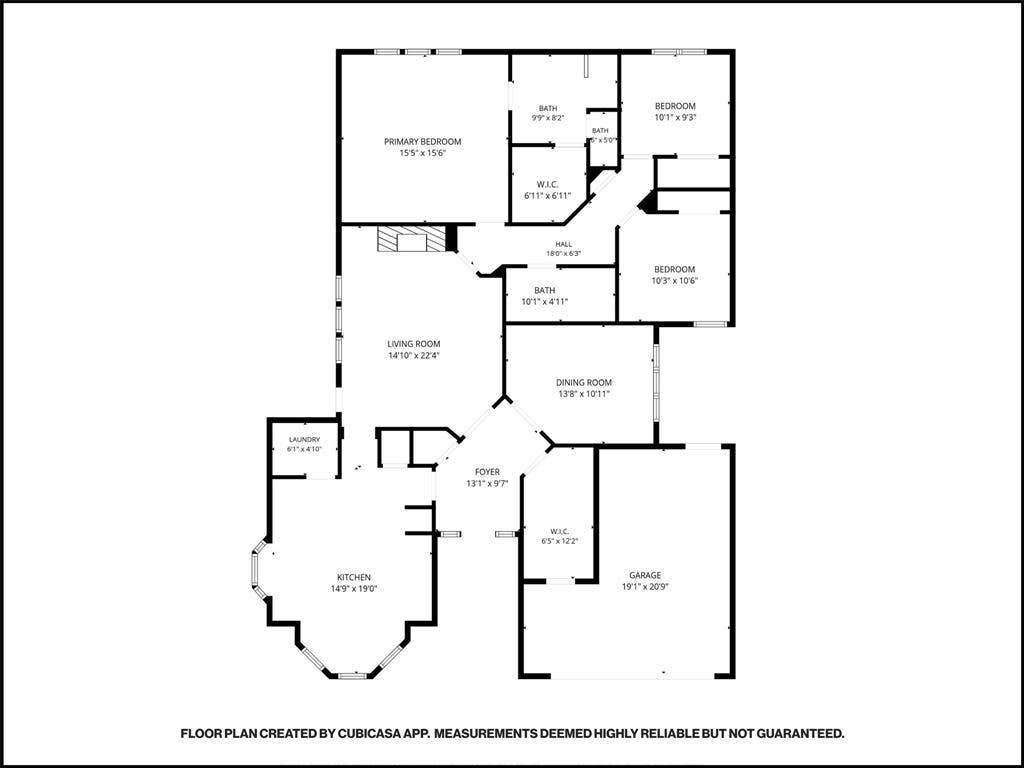 14616 Vintage Lane, Addison, TX 75001 Floor plan — 3 bedrooms, 2 baths, 2-car garage; measurements deemed reliable but not guaranteed