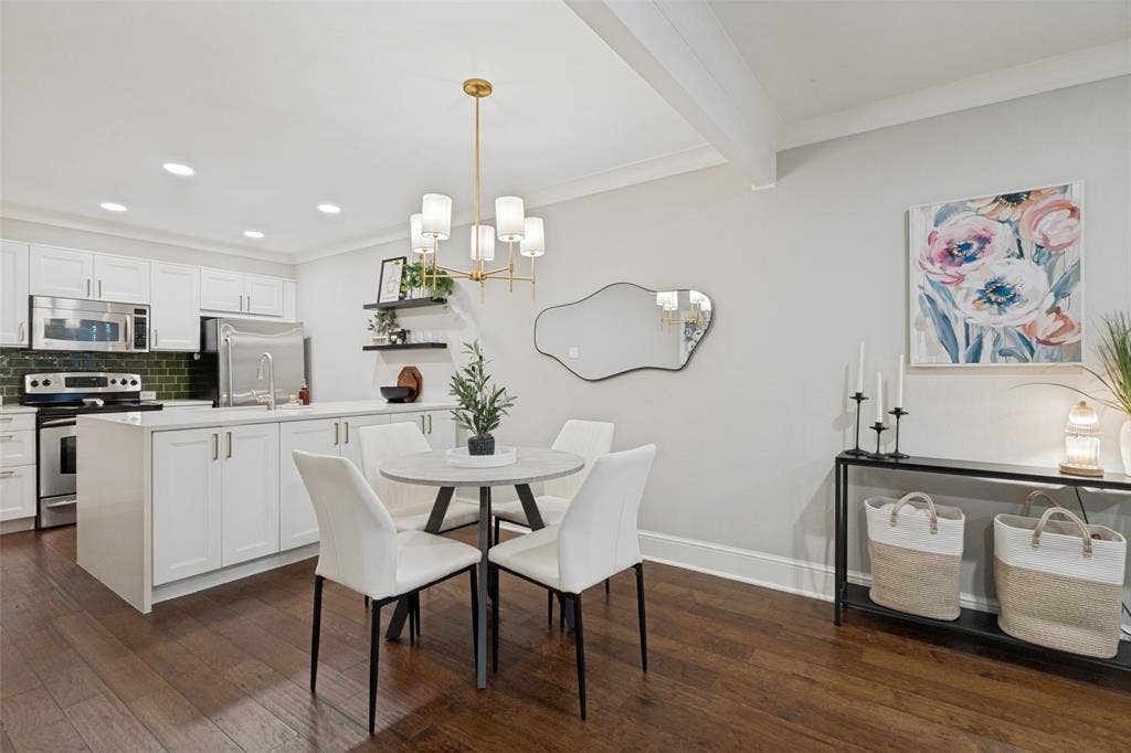 5934 Sandhurst Lane, #208, Dallas, TX 75206 Kitchen and dining area featuring wood-finish flooring, white cabinetry, stainless steel appliances, and a green tile backsplash