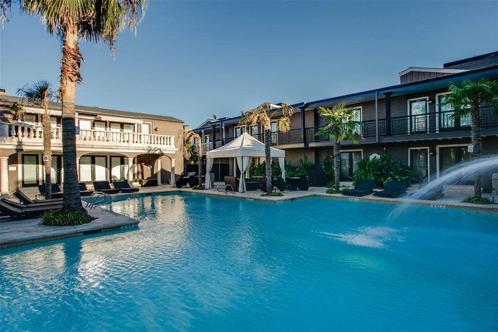 5934 Sandhurst Lane, #208, Dallas, TX 75206 Expansive swimming pool with water feature, surrounding hardscaping, and mature palm trees