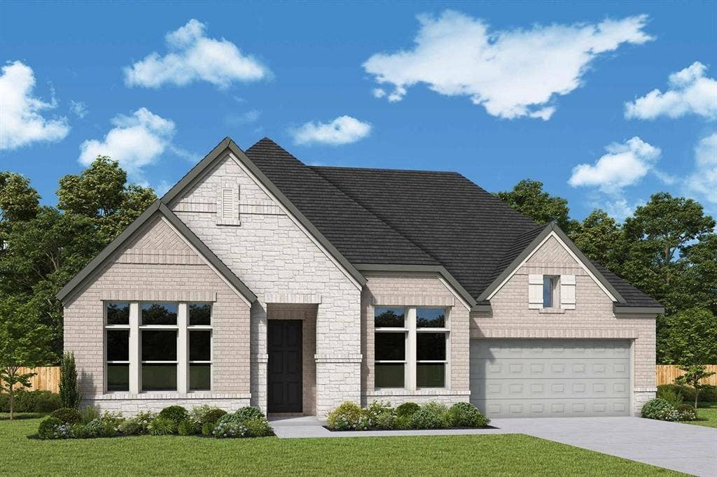 3421 Jersey Drive, Midlothian, TX 76065 Exterior with brick and stone façade, dark shingle roof, attached garage, and landscaped front yard