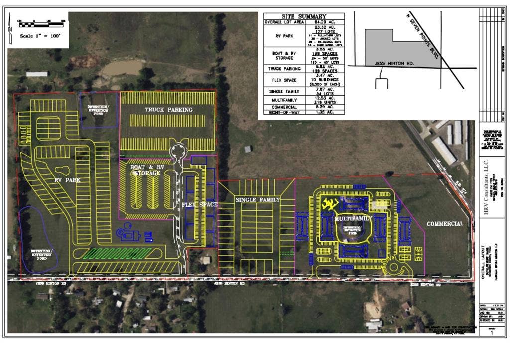 00 Tx-274 Highway, Kemp, TX 75143 Site Plan. Illustrating the proposed development of the property, including designated areas for RV park, boat and RV storage, truck parking, single-family, multi-family, and commercial use with an overall site summary