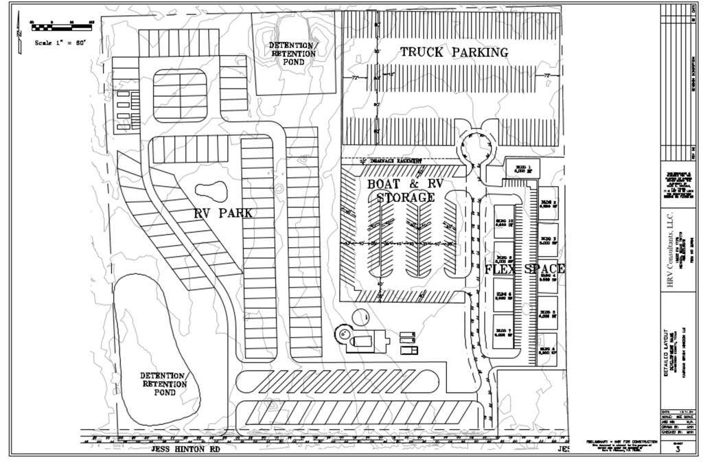 00 Tx-274 Highway, Kemp, TX 75143 Site Plan, Layout. Illustrating the property's various designated areas for parking, storage, and retention ponds