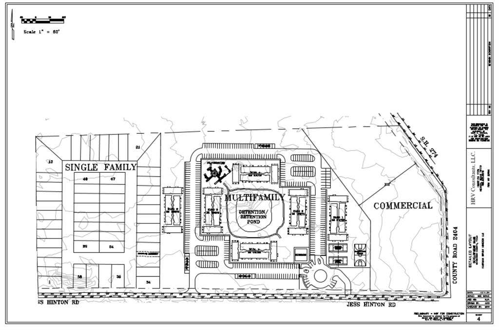 00 Tx-274 Highway, Kemp, TX 75143 Site Plan. Outlining the proposed property zoning and infrastructure, including single-family, multifamily, and commercial areas, along with a detention/retention pond