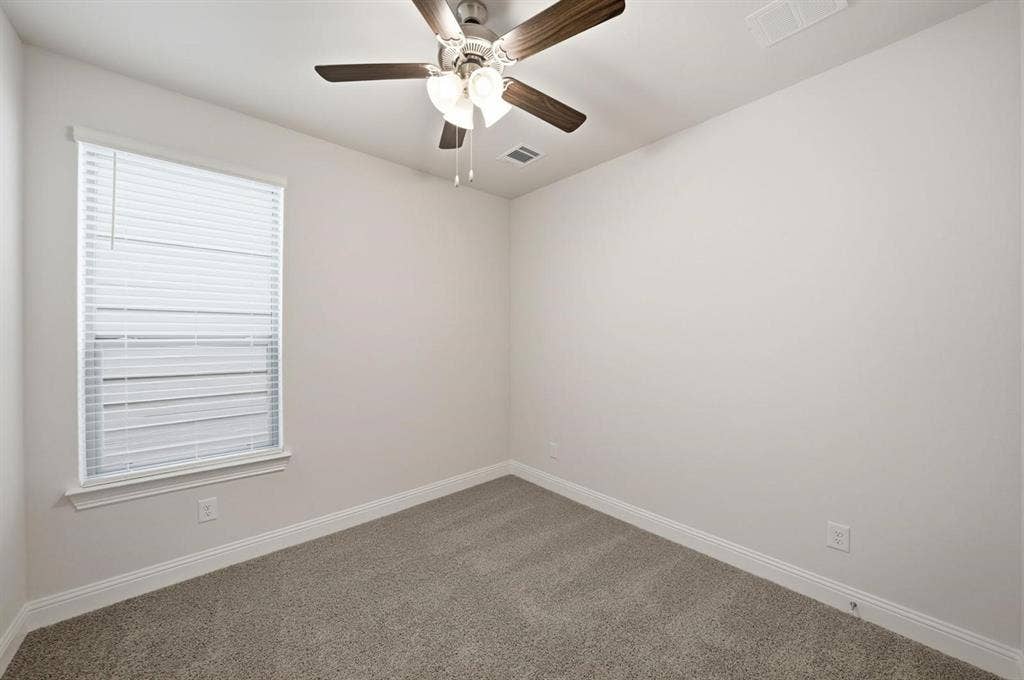 4532 Community Court, Plano, TX 75024 Neutral wall paint, ceiling fan with integrated lighting, window with blinds, and carpeted flooring