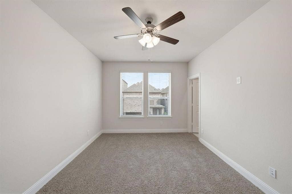 4532 Community Court, Plano, TX 75024 Room featuring neutral-toned carpeting, dual windows with blinds, a ceiling fan with integrated lighting, and a white interior door