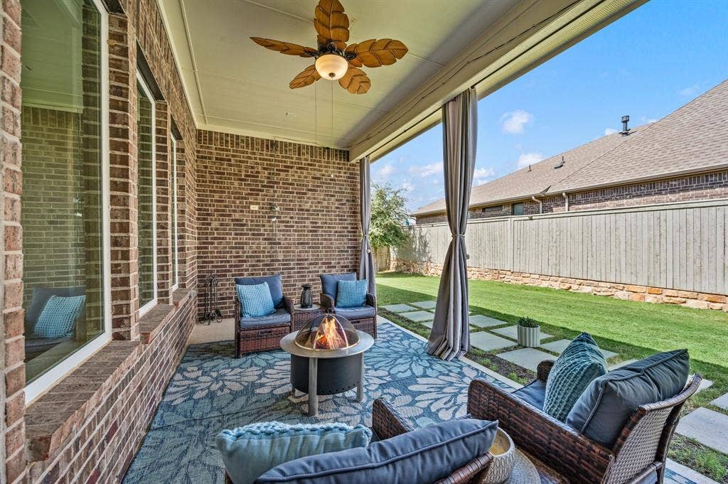 2900 Peekaboo Lane, Northlake, TX 76247 Large covered patio featuring ceiling fan and a great space for furniture and a grill. This space is shaded all day so you truly can enjoy your patio all day long.