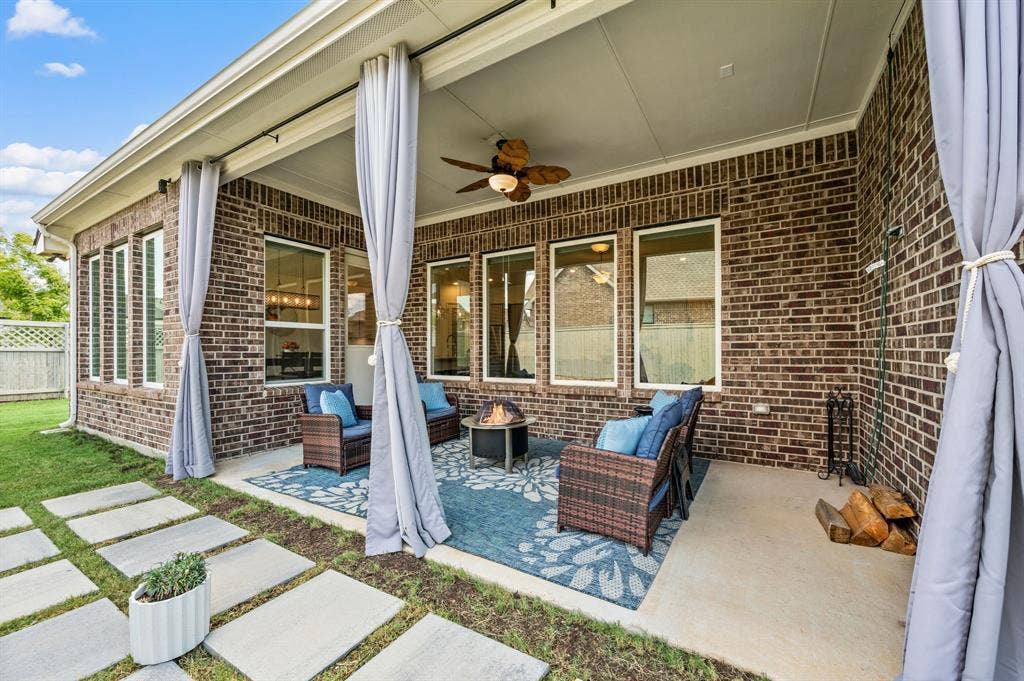 2900 Peekaboo Lane, Northlake, TX 76247 Covered patio with a wonderful ceiling and a large space for furniture and to grill if you desire. This space is shaded 24-7 so you truly can sit outside and enjoy the patio even during the summer days!