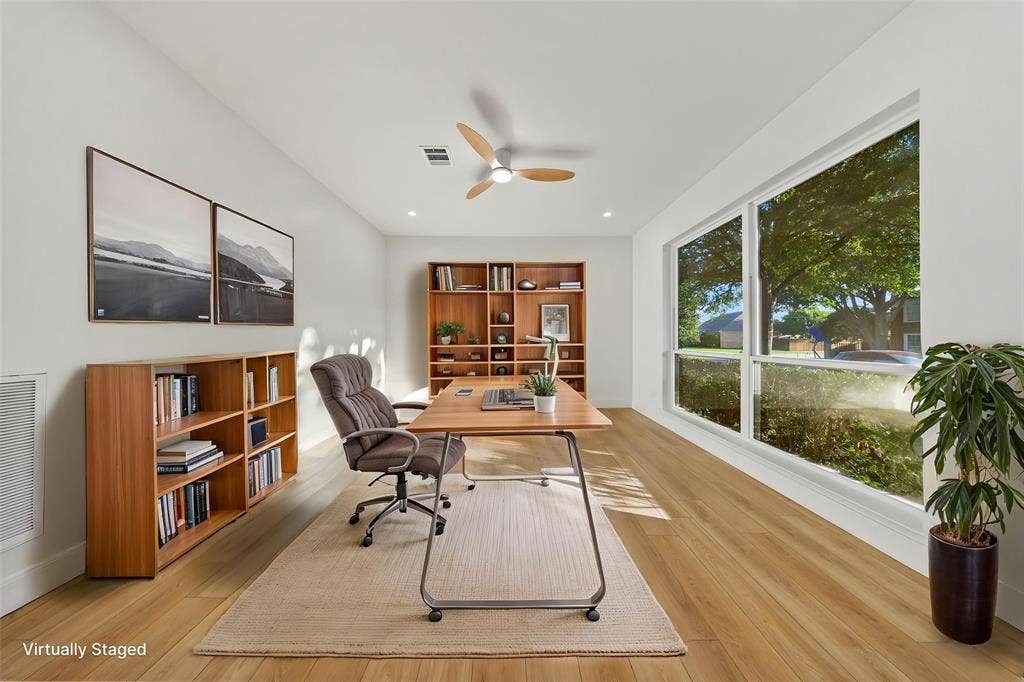 7504 Hughes Drive, Plano, TX 75024 Office space featuring wood-finish flooring, a contemporary ceiling fan, recessed lighting, and a broad window with white trim
