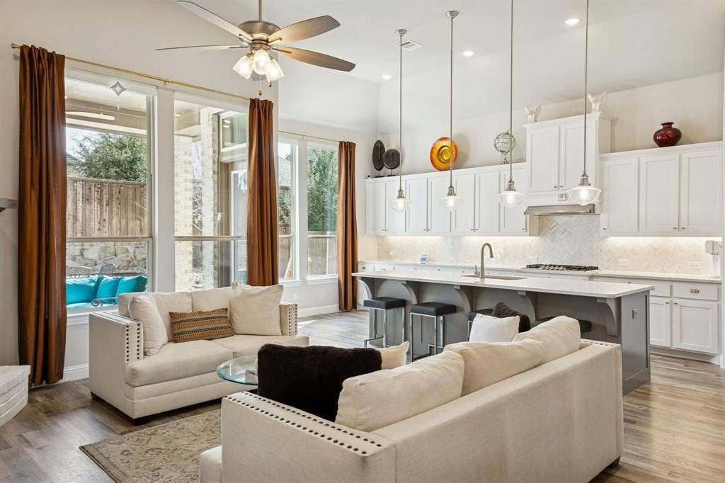 family room opens to kitchen