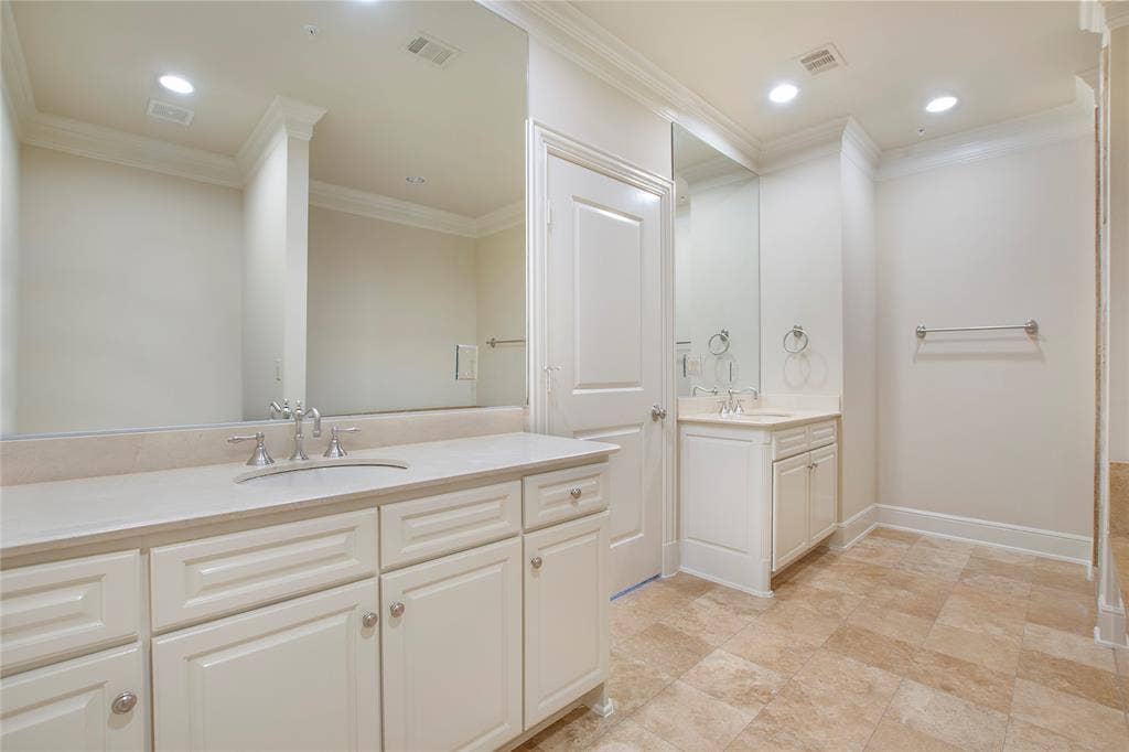 6535 Bandera Avenue, #1B, Dallas, TX 75225 Bathroom featuring vanity and ornamental molding