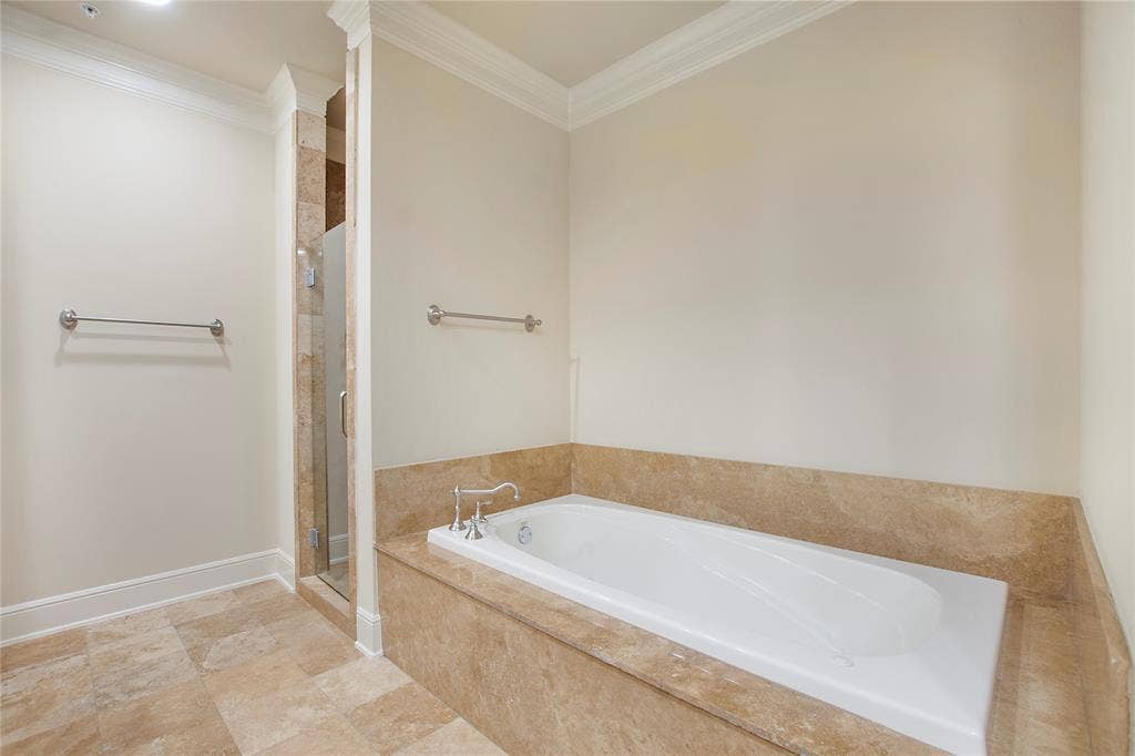 6535 Bandera Avenue, #1B, Dallas, TX 75225 Bathroom featuring ornamental molding and independent shower and bath