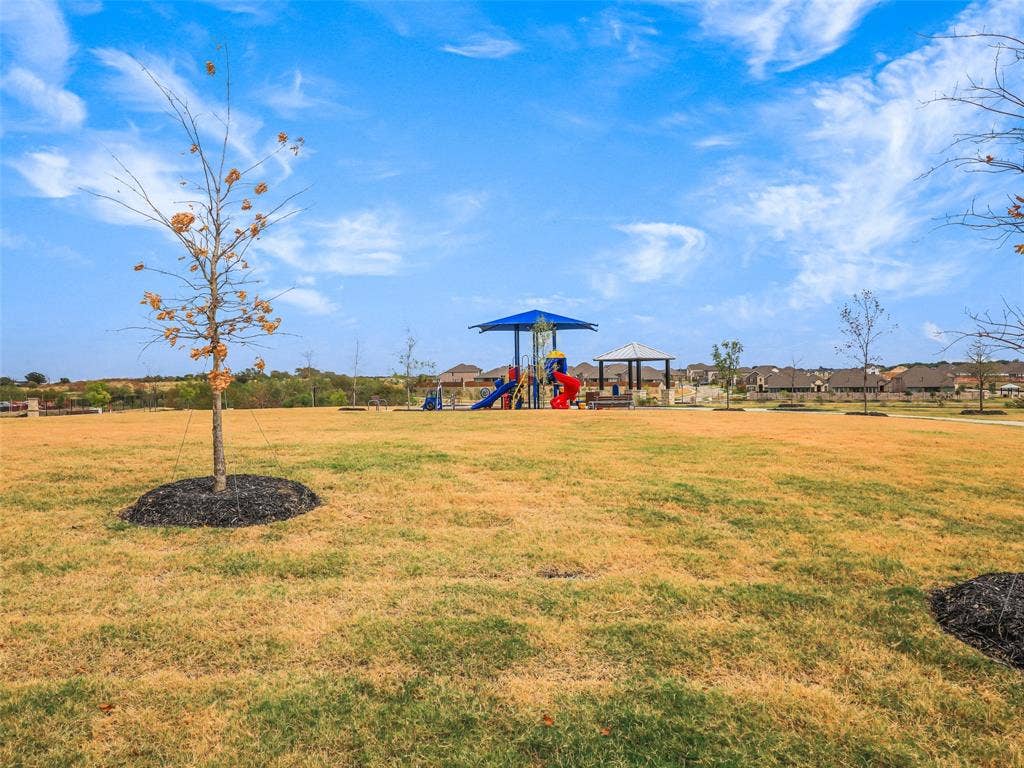 2517 Greenbelt Road, Celina, TX 75009 Expansive green space featuring a playground with slides and a covered seating area