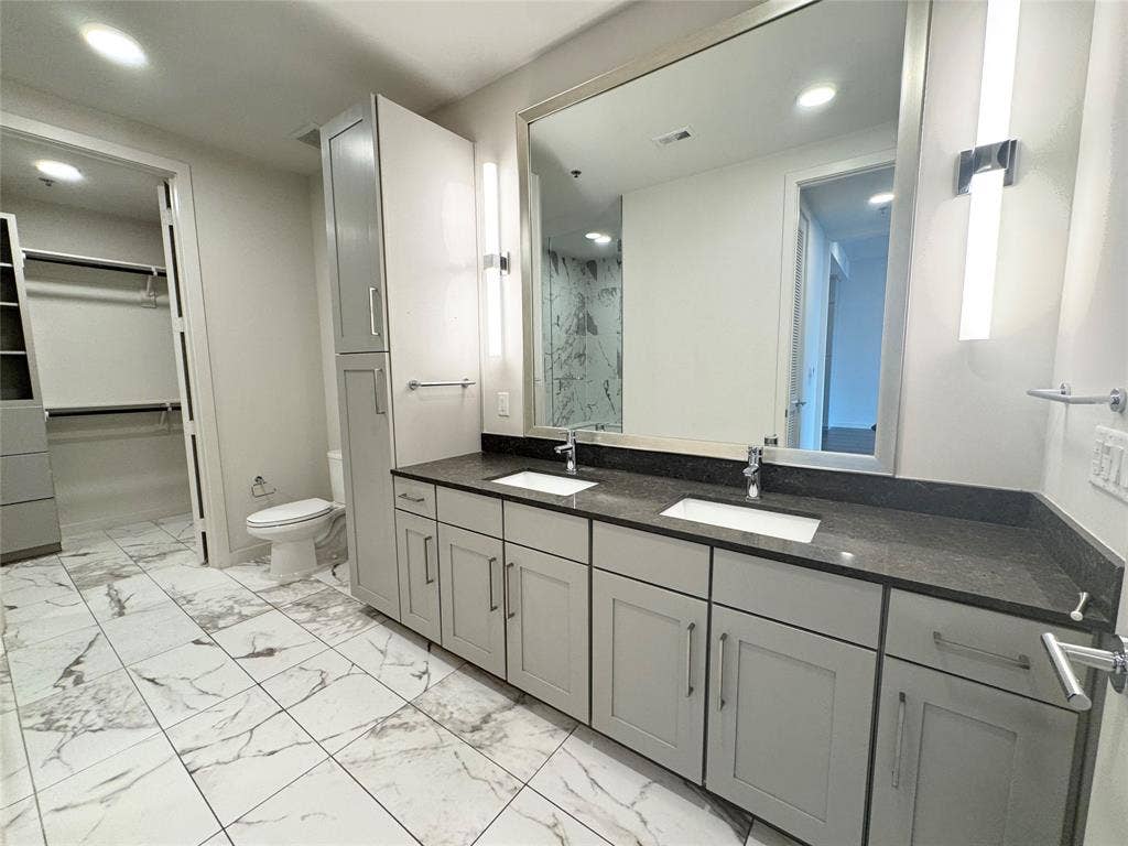 6911 Cowboys Way, #803, Frisco, TX 75034 Bathroom featuring vanity, toilet, and a shower