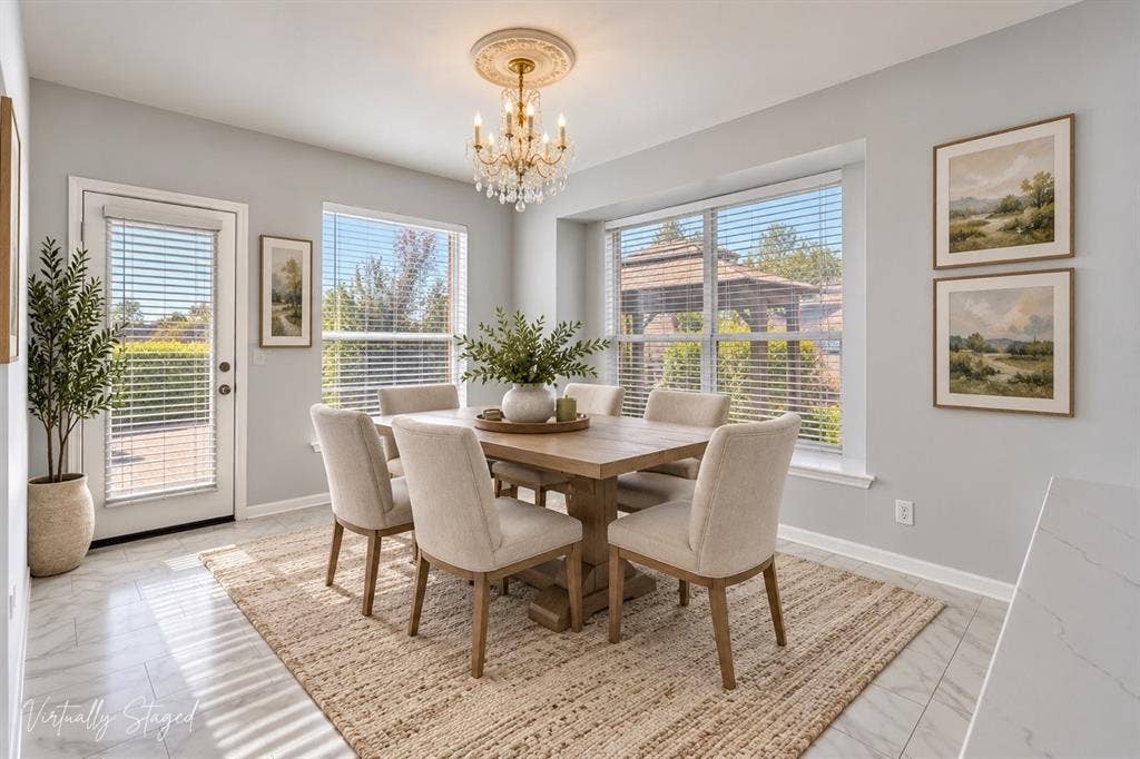 Recessed lighting, large windows, and a glass-paneled door illuminate this dining area with tile flooring and a decorative ceiling medallion