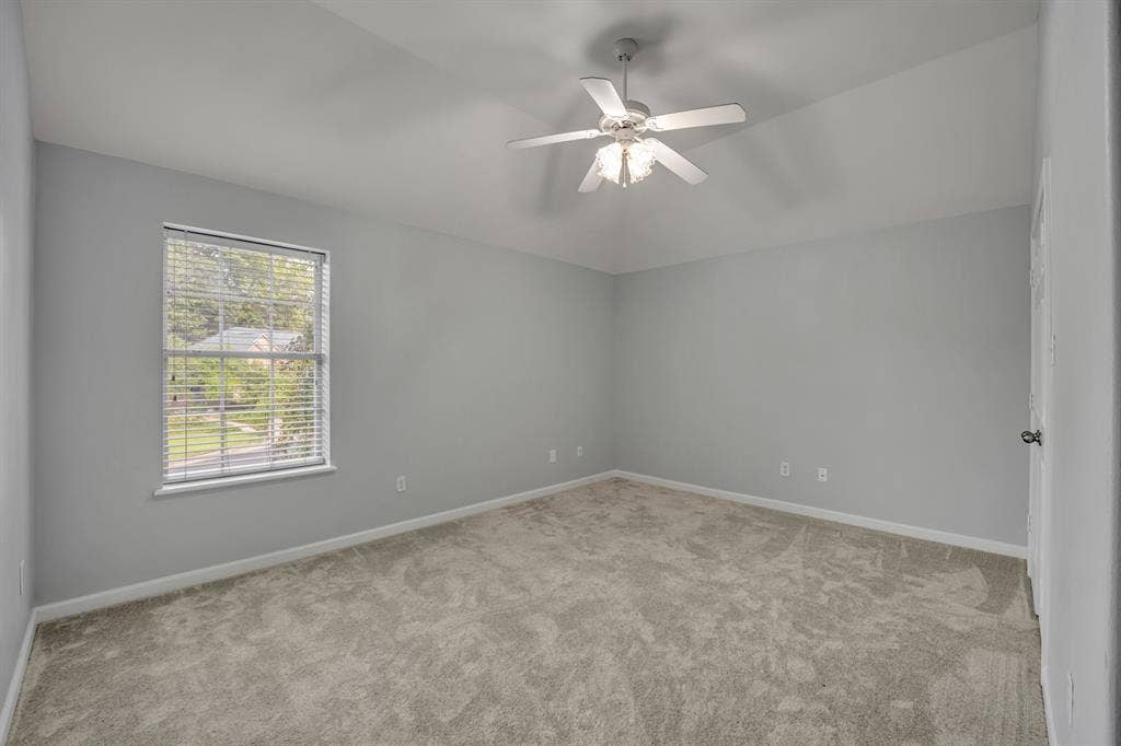 Light gray walls with soft gray carpeting