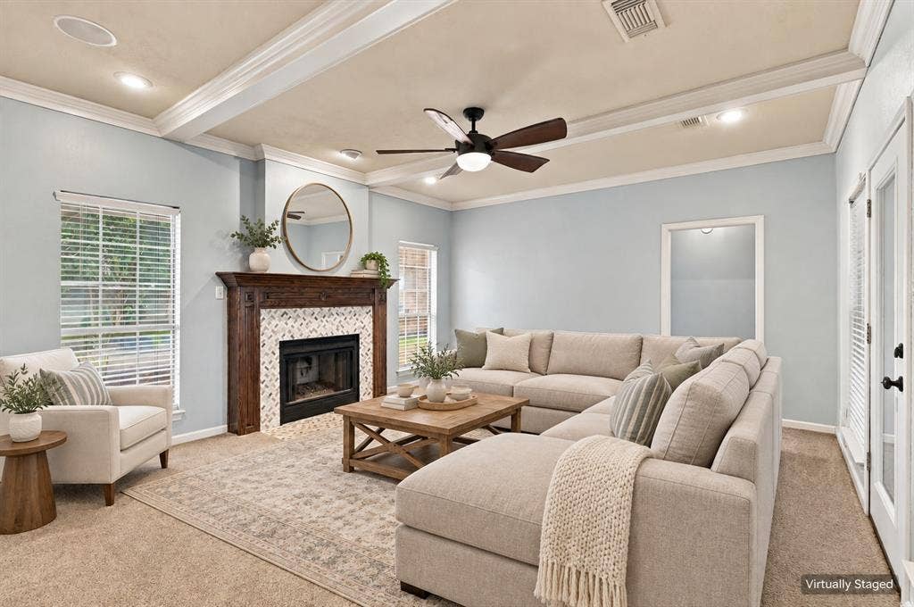1309 Oxford Lane, Denton, TX 76209 Tray ceiling with recessed lighting and crown molding