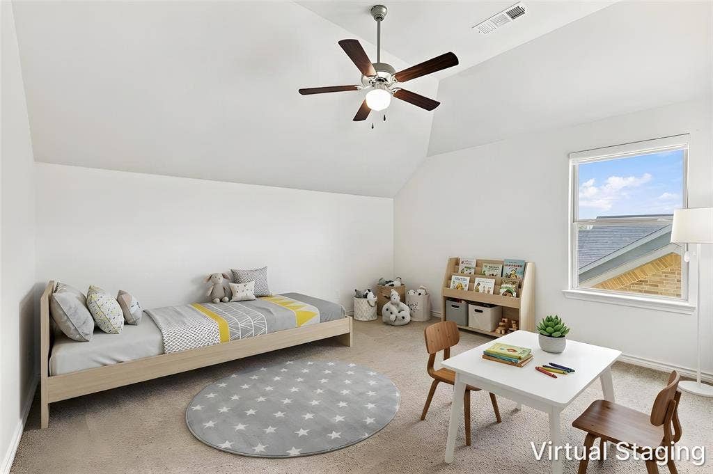 2812 Dunbar Drive, Northlake, TX 76247 Vaulted ceiling, ceiling fan with integrated lighting, window with exterior building visible, and light-toned carpet flooring