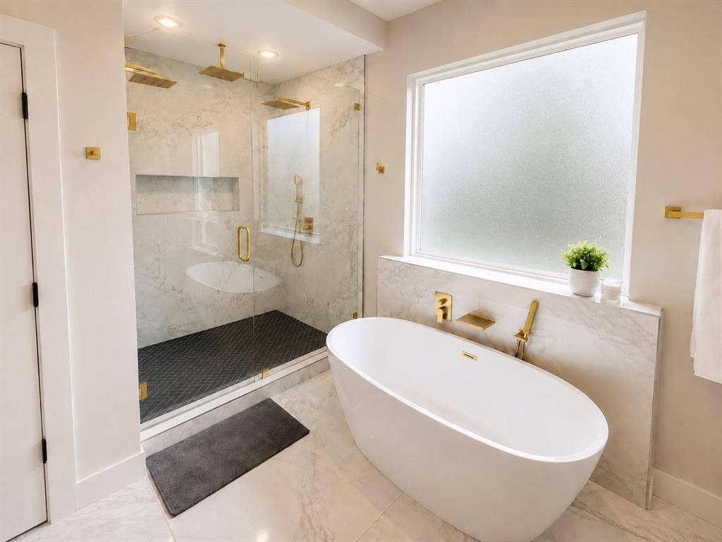 939 N Buckner Boulevard, Dallas, TX 75218 Freestanding soaking tub, walk-in shower with dual rain showerheads, stone-finish tile surround, and gold-tone fixtures