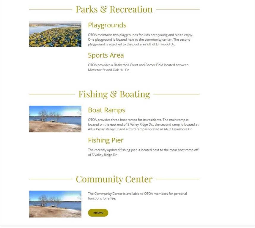 2604 S Oak Trail, Granbury, TX 76048 Community Amenities Document, Recreational Facilities Overview. Detailing available parks, sports areas, fishing and boating access, and community center information for the property
