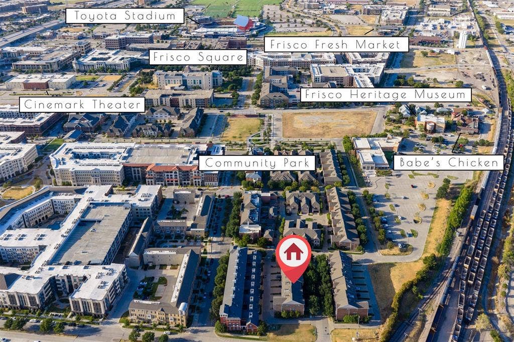 8249 Short Street, Frisco, TX 75034 Aerial perspective showcasing proximity to Toyota Stadium, Frisco Square, Cinemark Theater, Frisco Fresh Market, and a community park