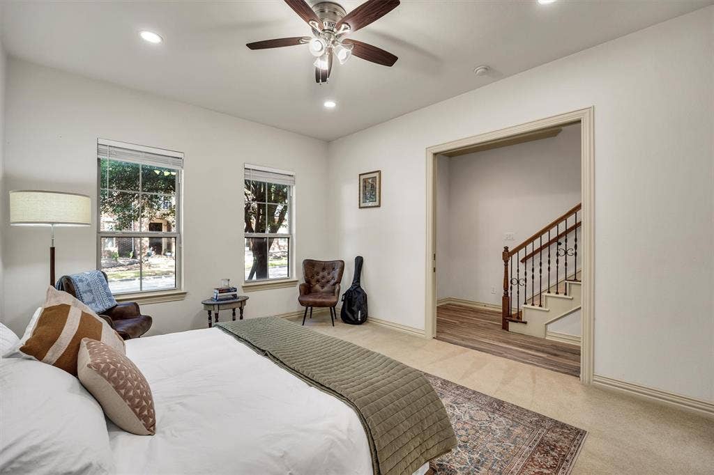 8249 Short Street, Frisco, TX 75034 Recessed lighting, ceiling fan with light fixture, dual windows, carpeted flooring, and wood-finish flooring