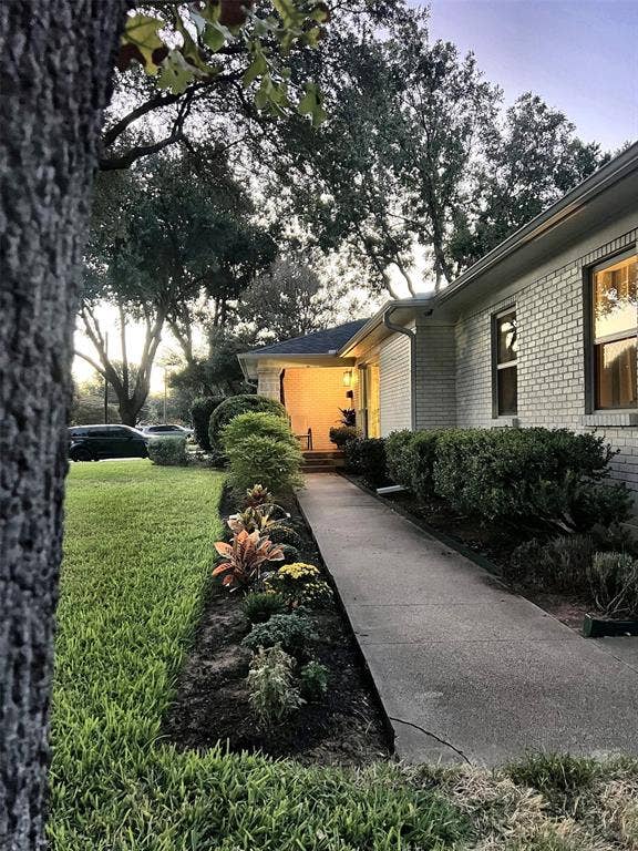 1200 Daisy Lane, Irving, TX 75061 Brick exterior with multiple windows, concrete walkway, landscaped garden bed, and mature trees