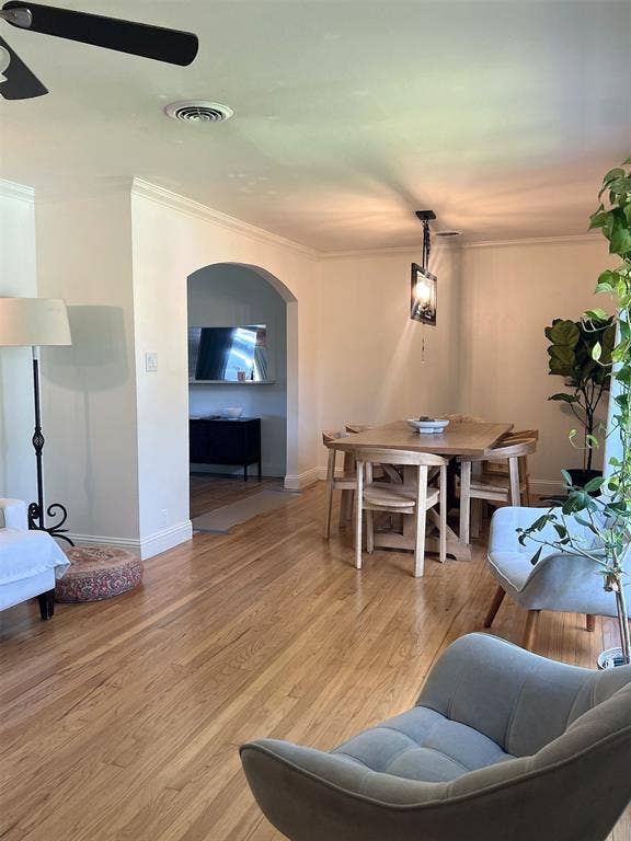 1200 Daisy Lane, Irving, TX 75061 Hardwood flooring throughout, crown molding, arched passageway, and ceiling fan