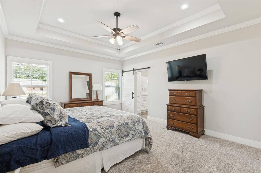 108 Rye Place, Gun Barrel City, TX 75156 Recessed lighting, tray ceiling, ceiling fan, white trim windows, and barn door entry