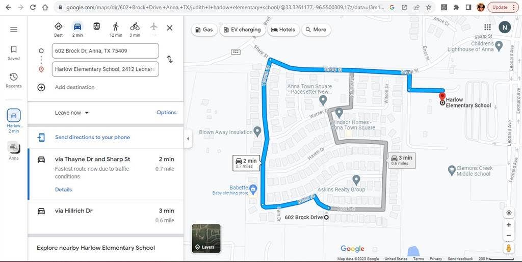 602 Brock Drive, Anna, TX 75409 Digital Map Interface. Displaying route options and travel times between two specified addresses