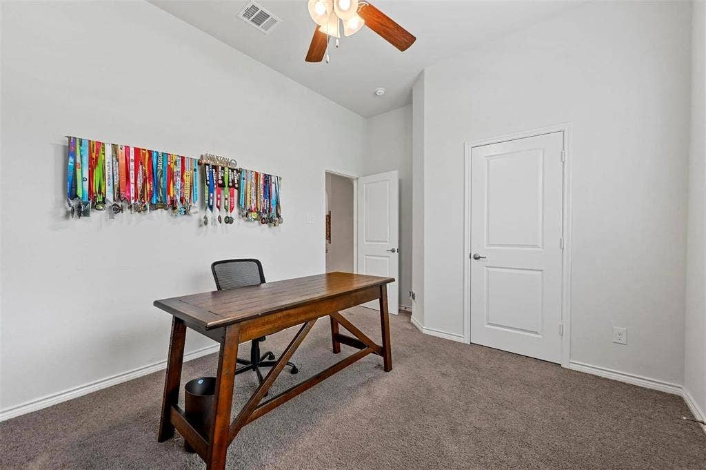 602 Brock Drive, Anna, TX 75409 Recessed lighting, ceiling fan with light fixture, white interior doors, and carpet flooring