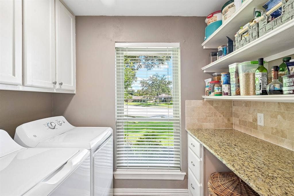 3441 Sheffield Circle, Plano, TX 75075 Built-in white cabinetry, granite-finish countertop, tiled backsplash, and open shelving