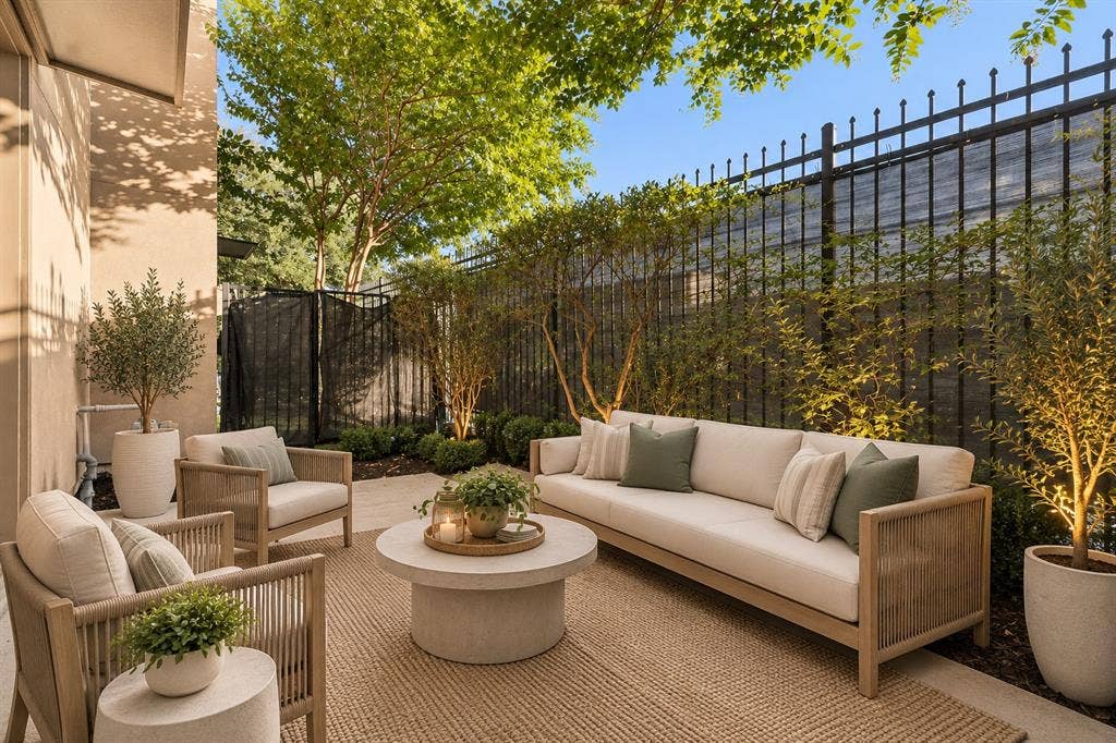1801 Annex Avenue, #402, Dallas, TX 75204 Patio off of first level virtually staged