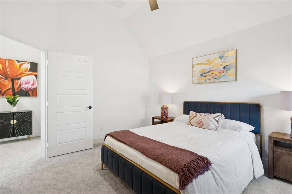 1117 Bradford Street, Celina, TX 75009 Vaulted ceilings enhance this room, featuring light gray carpeting and a modern paneled door with a black handle