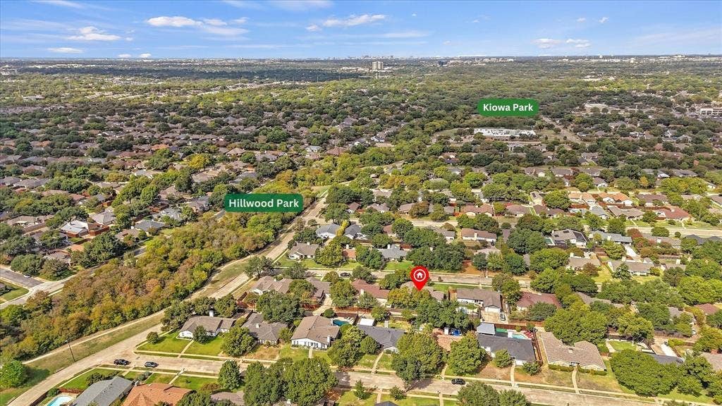 Aerial perspective of residential property featuring proximity to Hillwood Park and Kiowa Park, mature tree canopy, and established neighborhood landscaping