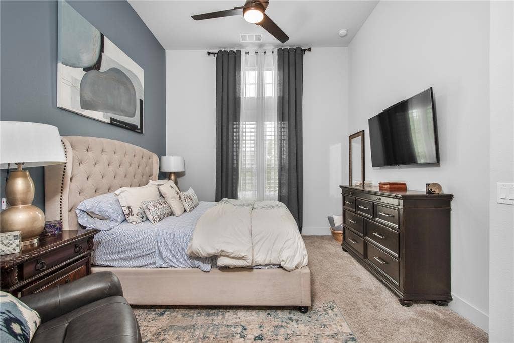 2644 Chardonnay Court, Grand Prairie, TX 75054 Recessed lighting, ceiling fan with integrated light, high ceilings, carpeted flooring, and window with blinds and drapes
