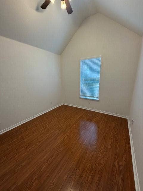 500 Leatherman Drive, Saginaw, TX 76179 Vaulted ceiling with a ceiling fan, wood-finish flooring, and a window with blinds