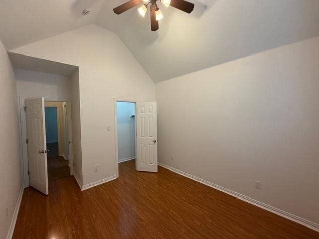 500 Leatherman Drive, Saginaw, TX 76179 Vaulted ceiling with a ceiling fan, wood-finish flooring, and white interior doors