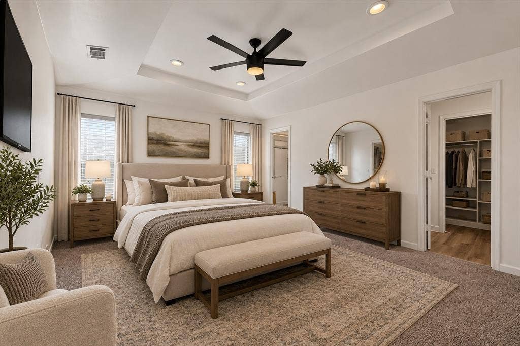 Used AI to furnish Master Bedroom. Master bedroom has two closets. One in the bedroom and another in the Master bath area.
