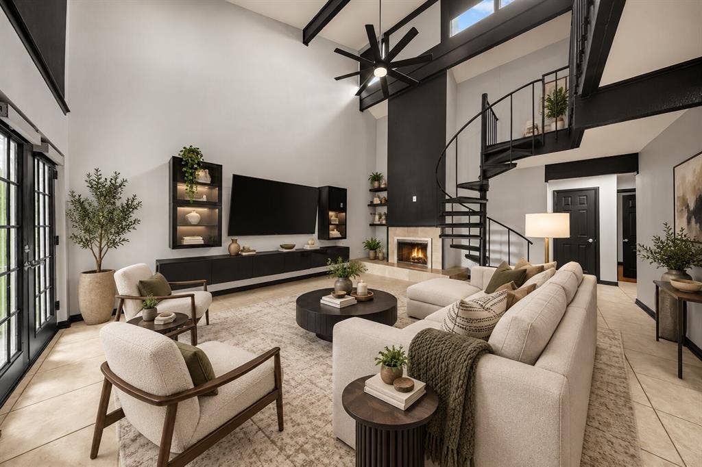 9302 Chimney Sweep Lane, Dallas, TX 75243 Soaring ceilings with exposed beams, spiral staircase, built-in media console with illuminated shelving, fireplace with hearth, and tiled flooring