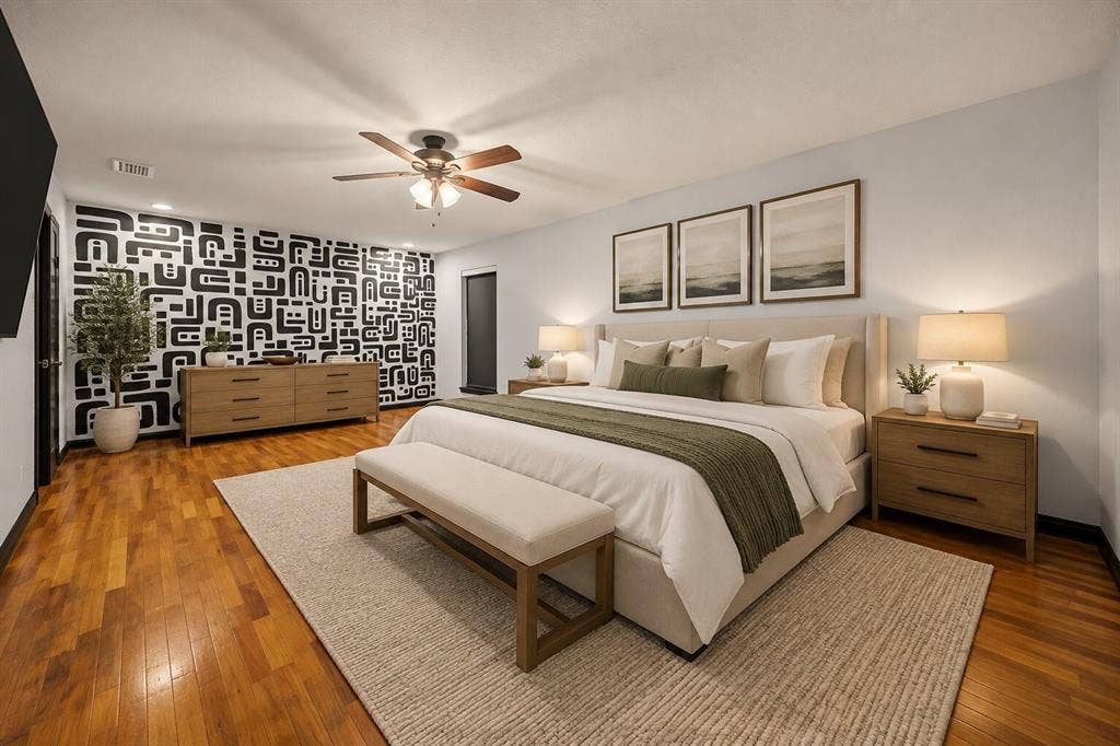 9302 Chimney Sweep Lane, Dallas, TX 75243 Wood-finish flooring, a ceiling fan with integrated lighting, and recessed ceiling lights