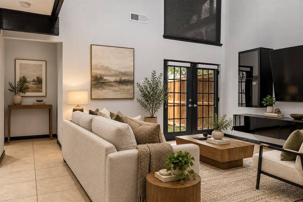 9302 Chimney Sweep Lane, Dallas, TX 75243 Vaulted ceilings with exposed beams, tile flooring, and double French doors with transom window