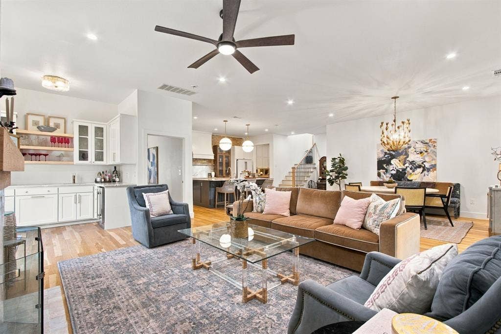 46 Crown Place, Richardson, TX 75080 Recessed lighting, wood-finish flooring, and a contemporary ceiling fan