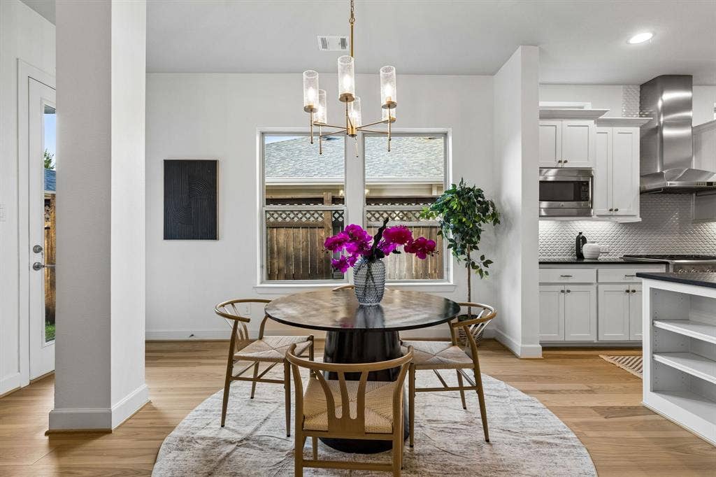 2221 Tremont Boulevard, McKinney, TX 75071 Open concept living space featuring wood-finish flooring, a modern chandelier, and a kitchen with white cabinetry, stainless steel appliances, and a textured backsplash