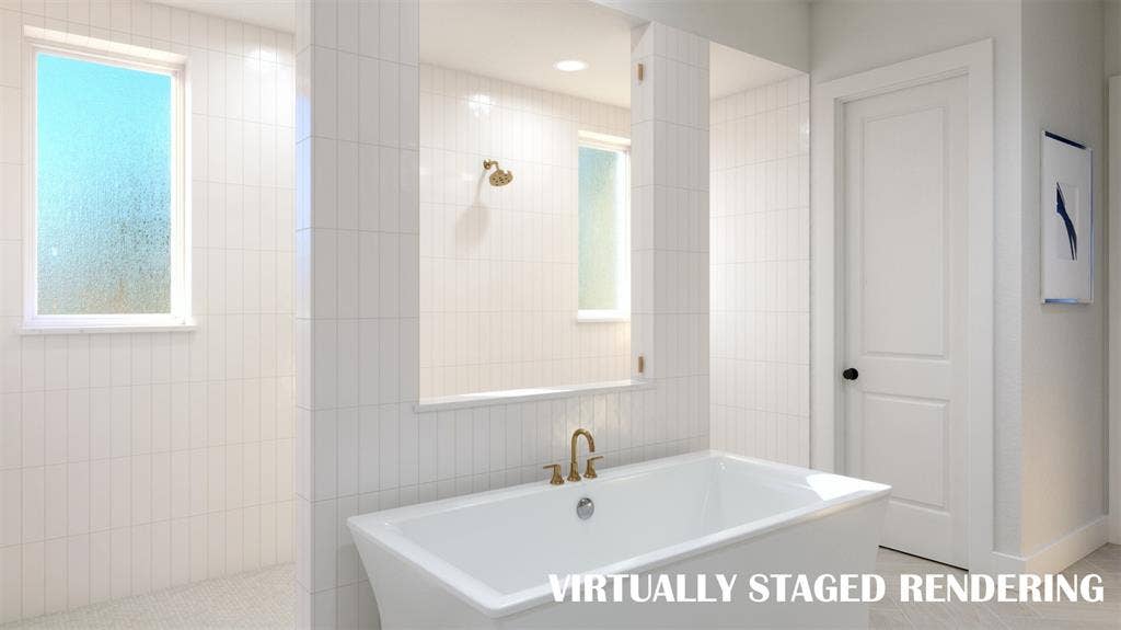 8741 Porch Place, McKinney, TX 75071 Our Ashland III plan features our signature owner's bath with walk through double shower and freestanding tub creating a spa like experience every day. VIRTUALLY STAGED RENDERING