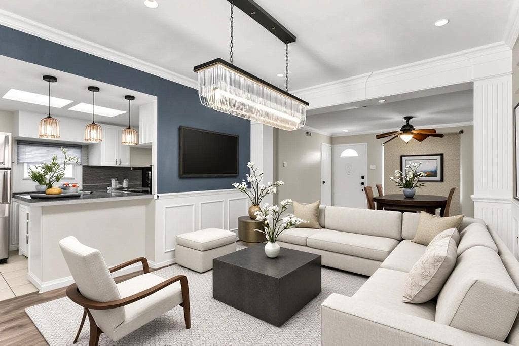 2914 Harvard Street N, Irving, TX 75062 Open-concept living area featuring wood-finish flooring, a kitchen pass-through with pendant lighting, crown molding, wainscoting, and a linear chandelier