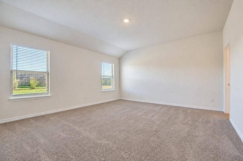 339 Exploration Way, Fate, TX 75189 Spacious room featuring vaulted ceilings, recessed lighting, neutral-toned carpeting, and multiple windows