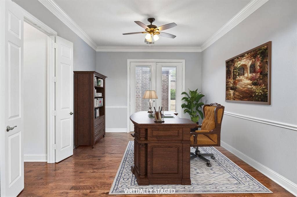 1011 Three Rivers Drive, Prosper, TX 75078 Spacious office with rich wood floors, crownmolding, and French doors.