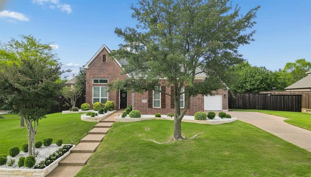 1011 Three Rivers Drive, Prosper, TX 75078 Front of home featuring mature landscaping andinviting curb appeal.