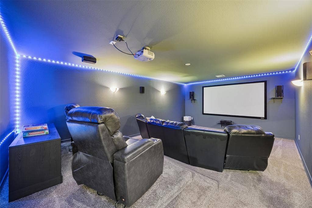 1011 Three Rivers Drive, Prosper, TX 75078 Dedicated media room with projector and largescreen, creating the perfect space for movie nights, game days, and entertaining.